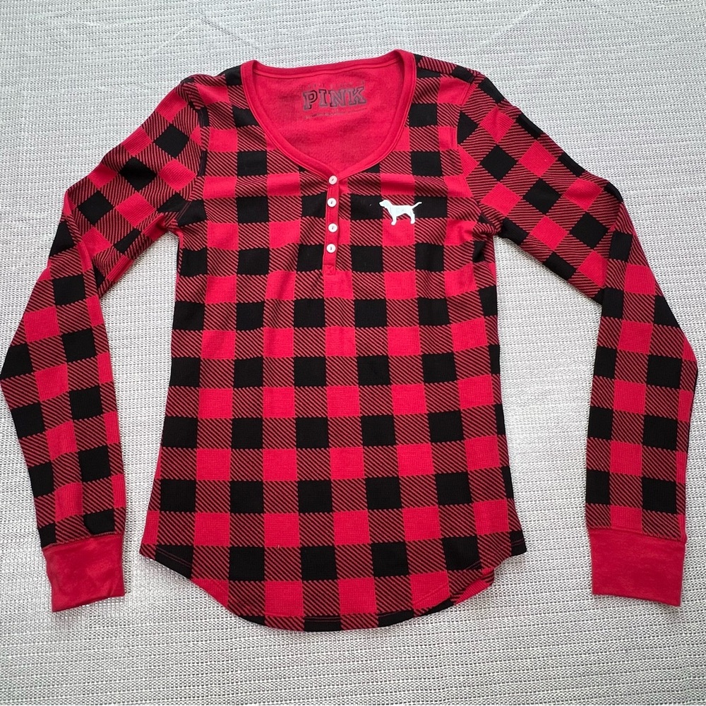 Victoria’s Secret PINK Red Buffalo Plaid Thermal Henley Pajama Sleepwear Top - L